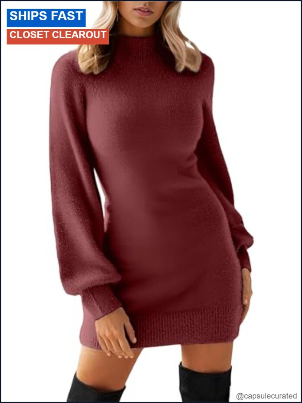 Mock Neck Mini Pullover Sweater Dress Long Sleeve Bodycon Fall Winter